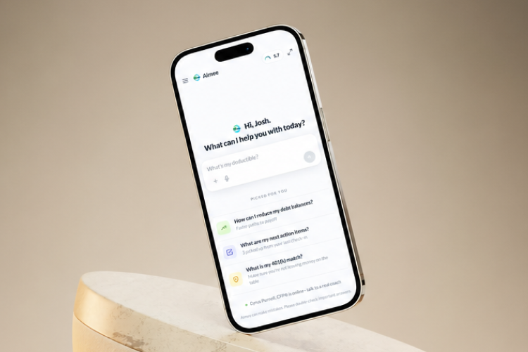 Aimee AI Coach — the conversational coach open on a phone