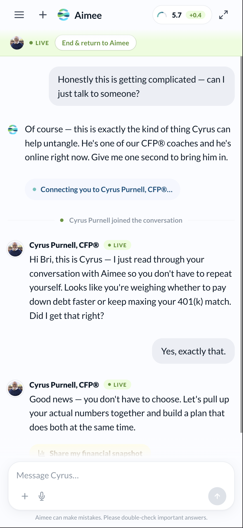 Aimee on mobile — handing off to a live coach