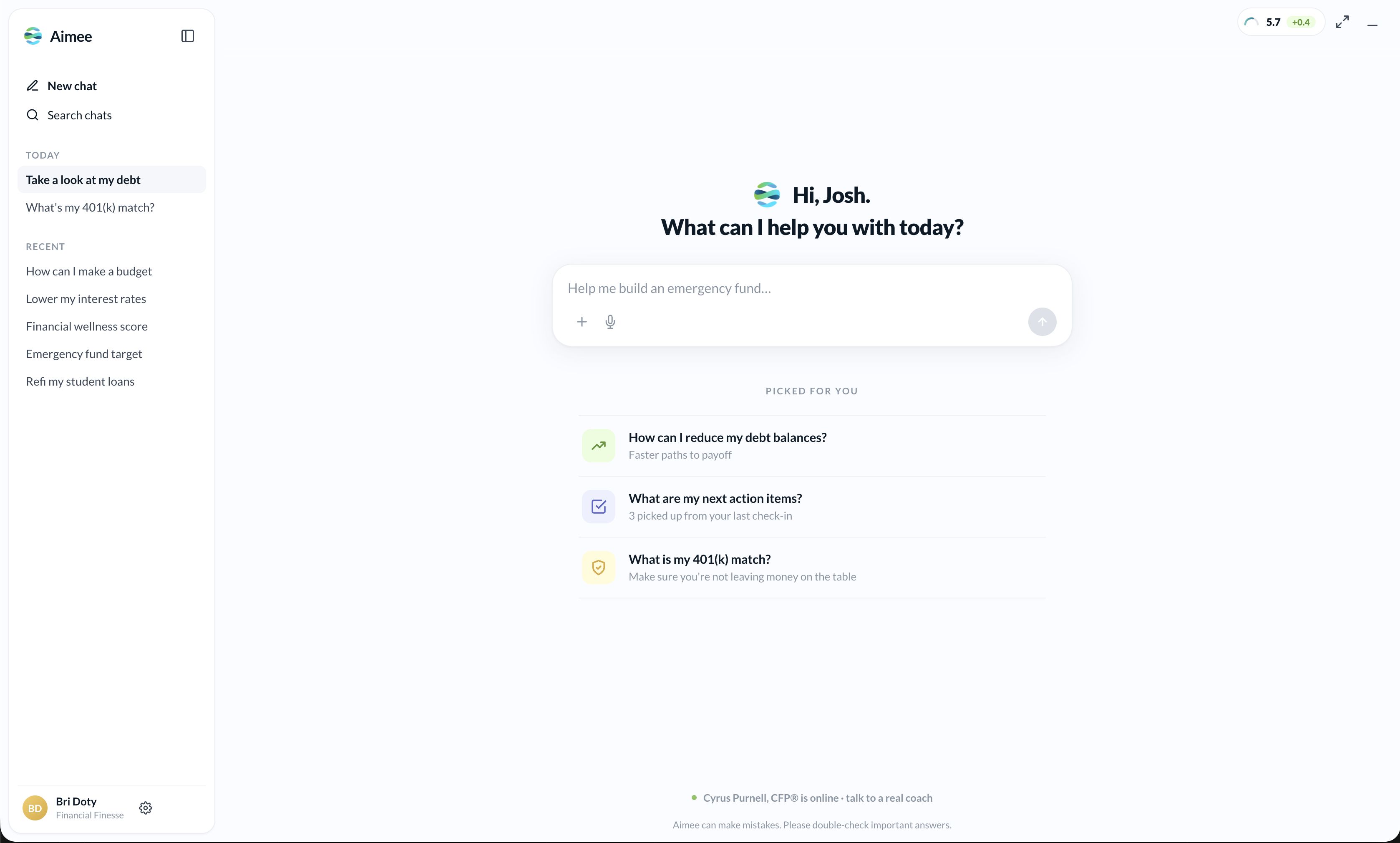 Aimee's home screen — one system across the Hub: greeting, composer, and a picked-for-you list, with a live coach available