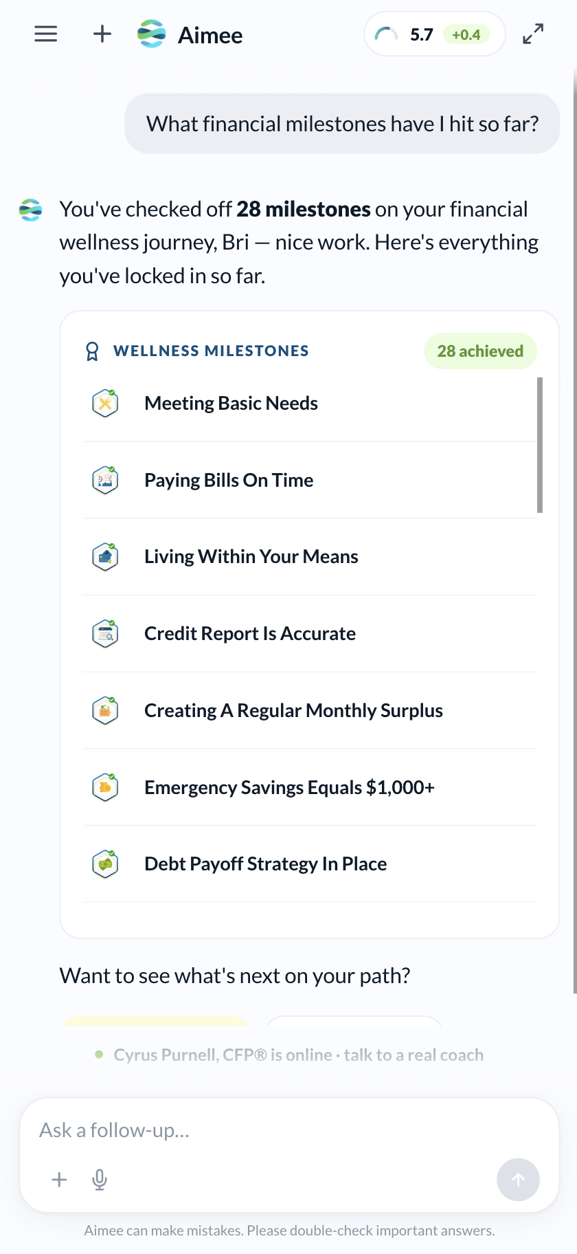 Aimee on mobile — the wellness-milestones card