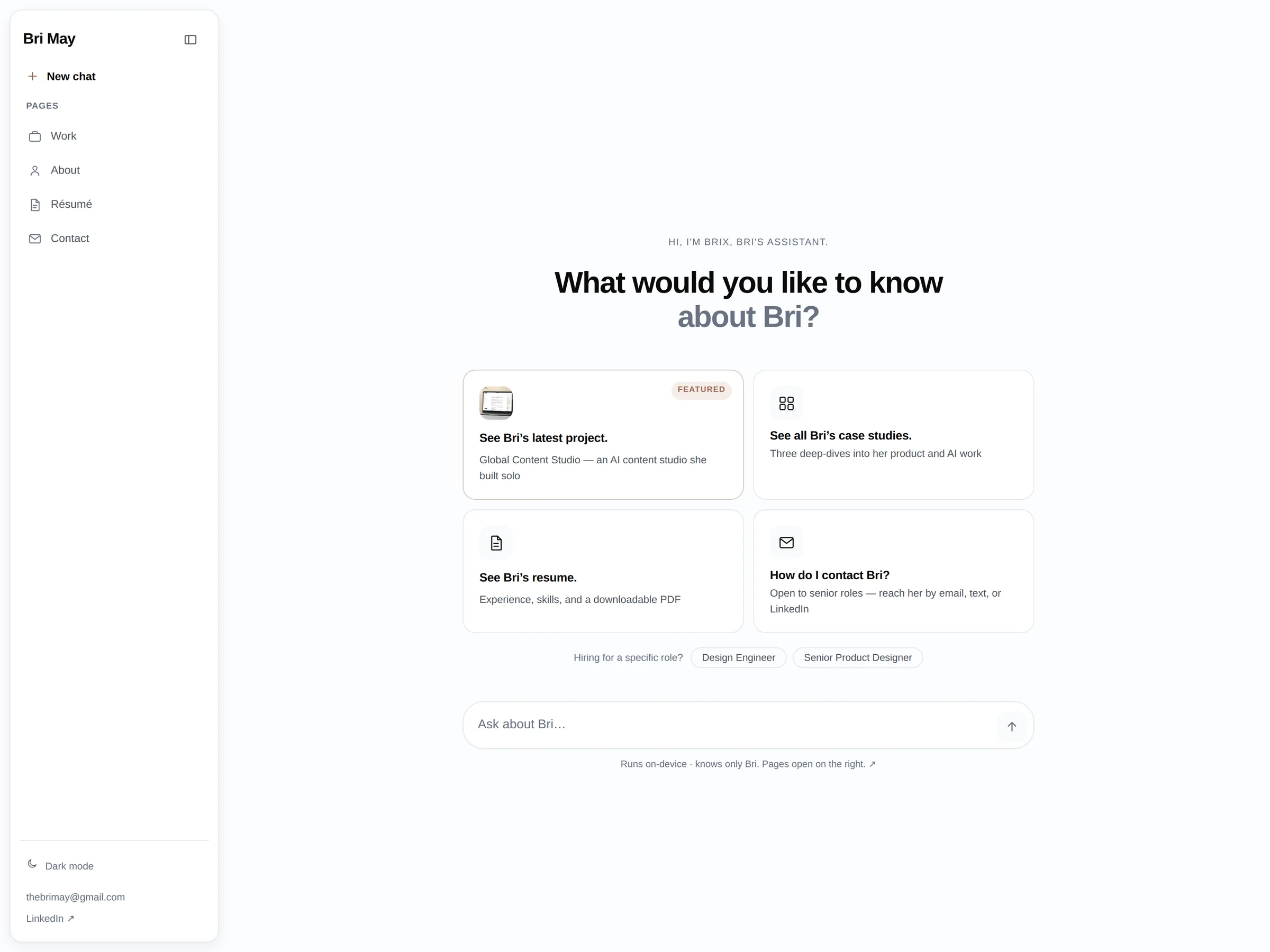 Brix — this portfolio's conversational homepage, with starter cards and role-lens chips