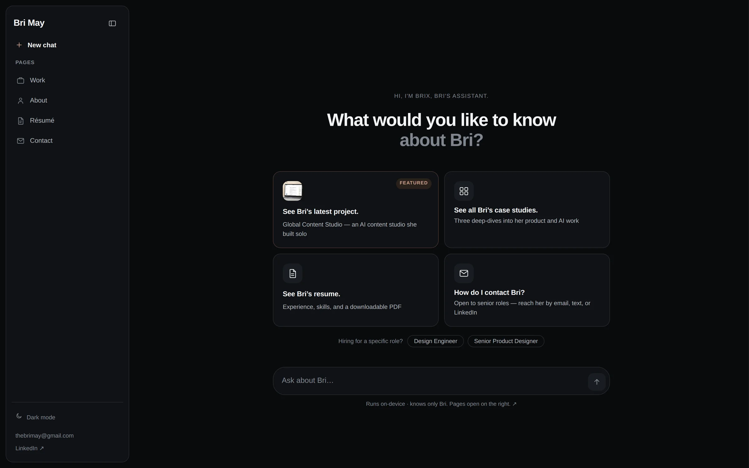 The homepage in dark mode — same layout, tokens swapped: cards, lens chips, rail, and composer all re-themed with WCAG AA contrast maintained