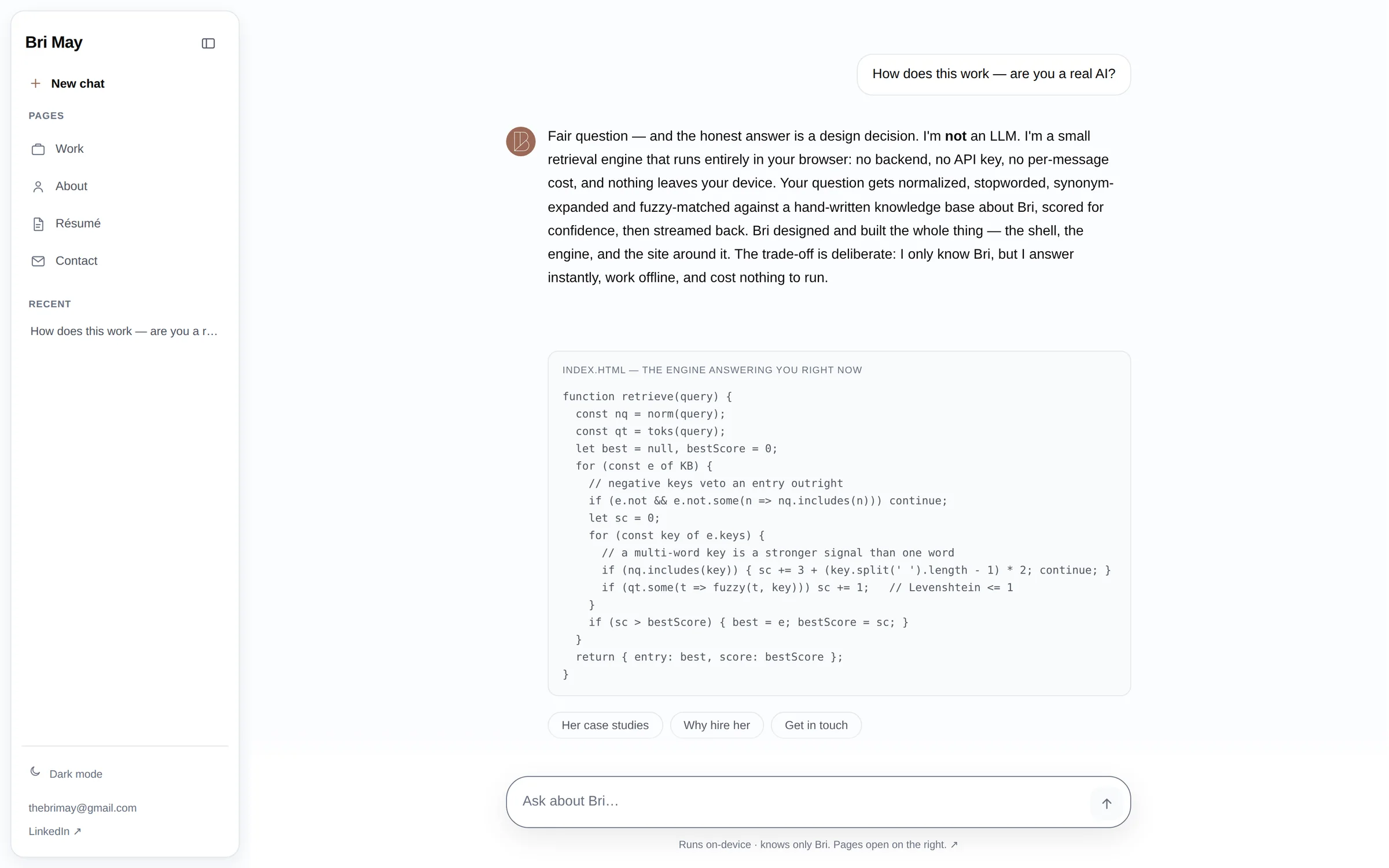 Brix answering 'How does this work — are you a real AI?' honestly, with the actual retrieval-engine source code rendered inside the chat answer