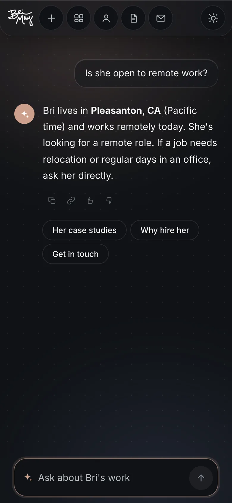 Brix on a phone in dark mode answering a question about remote work