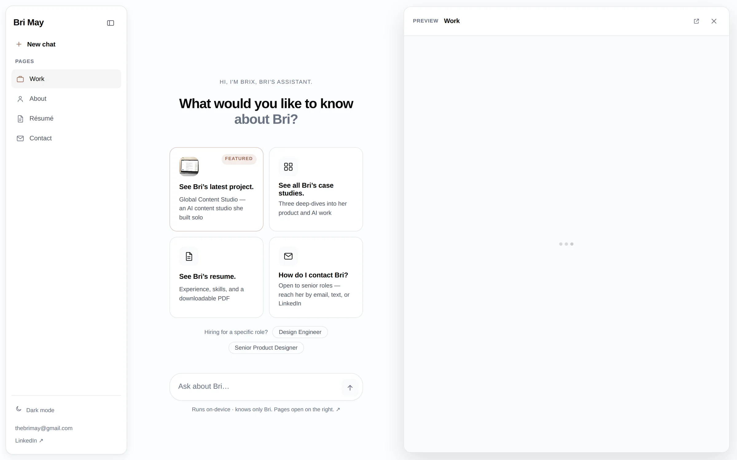 The Work page opening inside the floating side panel next to the chat — the embedded page hides its own navigation and reads as a clean preview