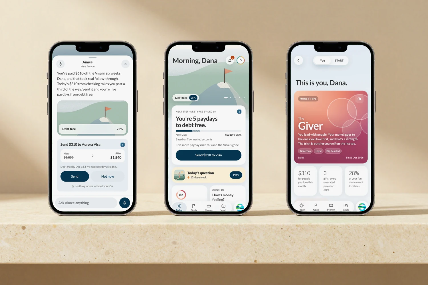 Financial Finesse B2C App — three phones on a travertine ledge showing Aimee's approval card, the Today screen, and a money-type card